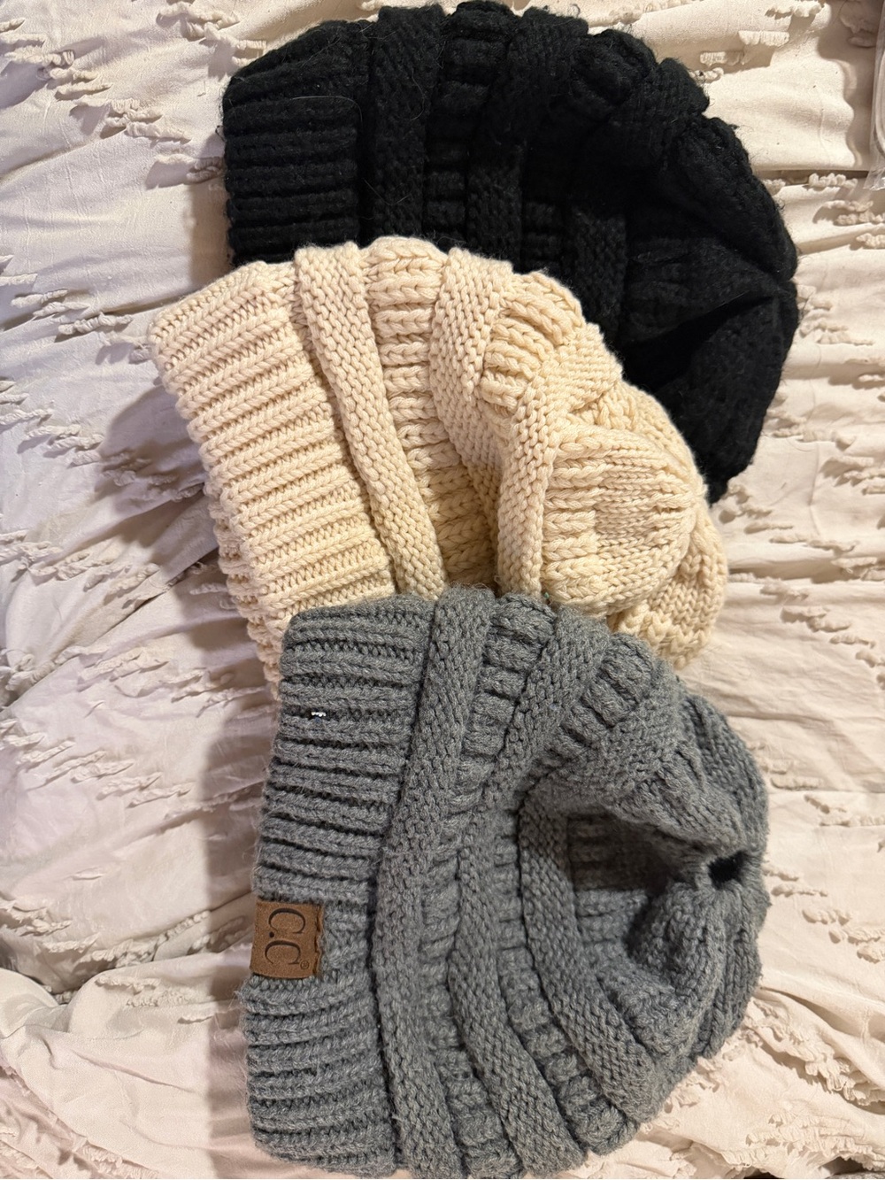 CC Knit Pom Beanie Trio — Black, Cream & Gray